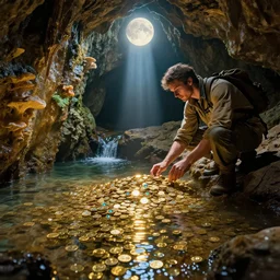 adventurer archeologist, he is examining treasure, inside the wishing well cavern, piles of gold coins, refractive jewels, shallow water, gold refractions off water, moonlight beam from above illuminates cavern, reflective clean water, slick wet walls, soft glow fungi, small flowing stream from wall, lichen patches, gold dappled lighting, movie poster painting, gradient aperture