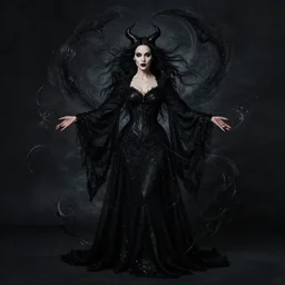 style of claude lorrain : : gorgeous willa holland : : evil witch, swirling black magic, black dress : : symmetrical face, symmetrical eyes : : full body pose : : gorgeous black hair : : magic lighting, low spacial lighting : :
