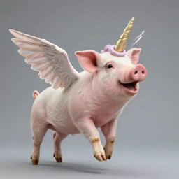 studio photograph of a happy flying pig with wings with a unicorn horn depicted as a muppet