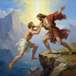 an amazing realistic painting of cain pushing abel from the edge of a cliff with a divine light in the sky, majestic mountains in the background, very detailed, painting by jeremy lipkin, beautiful art, smooth, elegant, intricate, vibrant, colorful, realistic faces