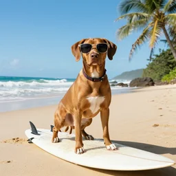 vizsla!!! wearing ( ( ( sunglasses ) ) ) tropical surfboard 4 k photography