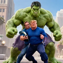 arnold schwarzenegger as the hulk choking donald trump, super - resolution professional vfx, marvel universe, hdr, directed by taika waititi, blu - ray movie still, action scene