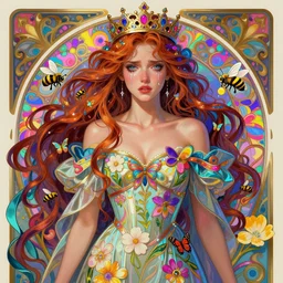 sexy, beautiful, young woman, eden, intense eyes, tears running down, crying, vaporwave aesthetic, synthwave, colorful, psychedelic, crown, long gown, flowers, bees, butterflies, ribbons, ornate, intricate, digital painting, artstation, concept art, smooth, sharp focus, illustration, art by artgerm and greg rutkowski and alphonse mucha