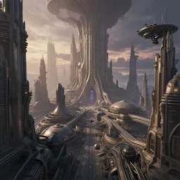 alien supercity, dense hypermaximalist metropolis, intricate, gothic-futurist architecture, Star Wars architecture, bizarre and imposing unusual megastructures, vanishing point perspective, domes, drone speedways, twilight, style of Tyler Edlin