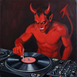 painting of the devil as a dj with hand on record spinning