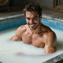 attractive muscular man with a creepy smile bathing in a pool of milk
