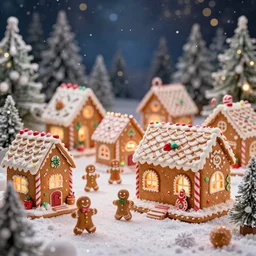 closeup of colorful miniature gingerbread house village at night, gingerbread people, candy canes, forest, christmas, snow, bokeh, depth of field 1 0 0 mm, cinematic scene, studio quality, visually stunning, unreal engine, octane render