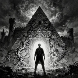 pyramidhead punishment, lean man, distant landscape covered in vines, castle, black and white, carravaggio, giger, horror