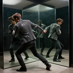 man, in spiked jacket being pulled back, half way in a mirror portal, being pulled into a mirror by his mirror reverse self