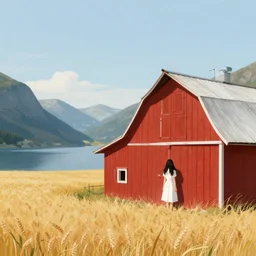 a fjord with an isolated gable roof red barn next to a wheat crop. subject : a young woman with long black hair wearing a white dress. action : the woman is hiding from the sun in the shade! of the red barn. style : photography. composition : smooth, dreamlike, illustration, elegant, wide angle. artists : eddie mendoza, ( anato finnstark ), and ( randy vargas ).