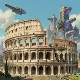 futuristic colosseum in rome, steampunk neon city in the background, spaceships, futuristic, matte painting, high detail, intricate line detail, dreamy, natural light, artstation, by hayao miyazaki