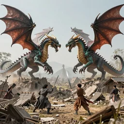 photo of dragons fighting over a destroyed village