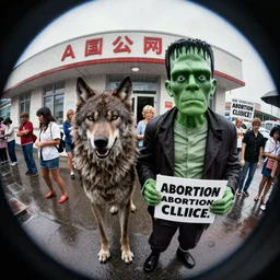 a werewolf and a frankenstein picketing an abortion clinic in the rain, 60s photograph, fish eye lens, hyperrealism, unreal engine, artstation, 4k