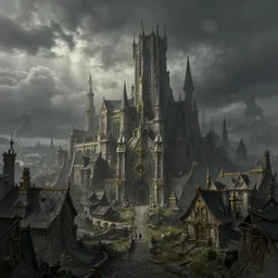 extreme long shot concept art depicted old english majestic town, dramatic mood, overcast mood, dark fantasy environment, dieselpunk, art from legends of runeterra, art from league of legends, art from arcane, art by darek zabrocki, trending on artstation, unreal engine, golden ratio, spectacular composition