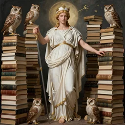 catherine bell as the goddess minerva surrounded by stacks of books, owls, esoteric symbols, in the style of dariusz zawadzki, 8 k, hyperdetailed