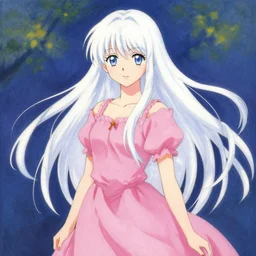 a girl with long white hair wearing a pink dress, an anime drawing by nagasawa rosetsu, featured on pixiv, rayonism, anime, official art