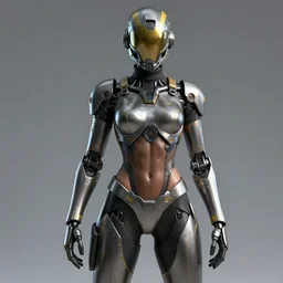 a fullbody portrait of a cyborg gal : : in a steel mechsuit with dark yellow accents, toned mechanical abs, long sleeves, turtleneck, robotic parts, sci - fi masked helmet, breastplate : : art, real lighting, sci - fi, hd : :