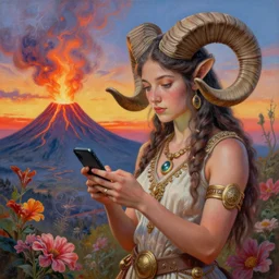 josephine wall, horned ram goddess, checking her cell phone, erupting volcano in distance, sunset, flowers in foreground, zodiac, fantasy acrylic on canvas, intricately detailed, highly detailed, high resolution, hdr, 8 k, by senior concept artist, trending on artstation