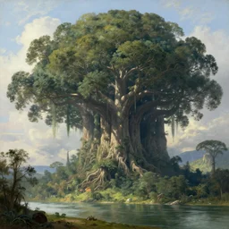 a massive titanic mountain sized inhabited kapok tree that grows on the side of a river, by Ivan Kramskoi, fantasy, beautiful, intricate, epic scale