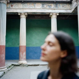 out of focus, head to shoulders woman, photography by saul leiter and ernst haas in a decorated pompeii peristylium, tea green, airforce blue, red, closed eyes