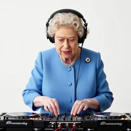 queen Elizabeth wearing headphones, DJing with DJ turntables, photoreal