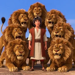 Man in Biblical clothing in the middle of a den of ferocious lions as seen in Disney Pixar's Up (2009)