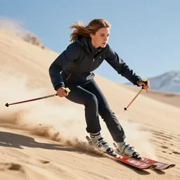 a photorealistic of actress jane seymour skiing down a sand dune. accurate face, illuminated scene. this 4 k hd image is trending on artstation, featured on behance, well - rendered, extra crisp, features intricate detail, epic composition and the style of unreal engine.