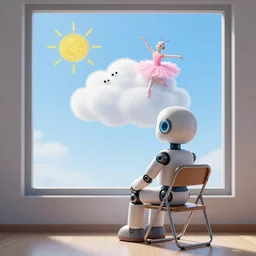 a simple robot man sitting on a folding chair looking out a window at a blue sky with a hand drawn sun and hand drawn cloud that has an absurd bug with tiny multiple eyes and wearing a pink ballerina outfit sitting on the cloud, octane, 8 k rendered, detailed, ultra realistic