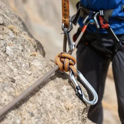 bowline knot, climbing harness, quickdraw, climbing rope