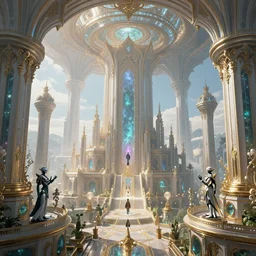 Sci-fi Temple City, Majestic Fairytale Robot Civilization Dedicated to Humanoid Worship, Regal Birdseye Vista View, ethereal, laos, vivarium, exquisite detail, unreal engine, ornate, elite, cinematic, peter mohrbacher, vladimir kush, michael whelan, bill stoneham, tsutomu nihei, jane graverol, kay sage, digital art, airbrush, art nouveau, intricate, clear, looming, epic, depth, artstation, highly detailed, blender, Unreal Engine, octane render, vray, 4k, super wide angle