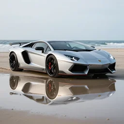 A beautiful silver Lamborghini aventador on the beach, 8k, realistic reflection