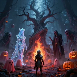 by par olofsson and wayne barlowe visually stunning, cinematic, ultra realistic, hyper realism, 1 2 k, epic, octane render, unreal engine, vfx, maya, tiny knight of evil, crystalline oracle, spiritspeaker azun, felfire potion, the halloween tree, sad jack - o - lanterns, strawberry ghosts, nightmarish creatures, apocalyptic hellscapes