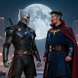 still of moon knight vs dr. strange, in the movie avengers, photorealistic, real life, hdr soft focus, long exposure