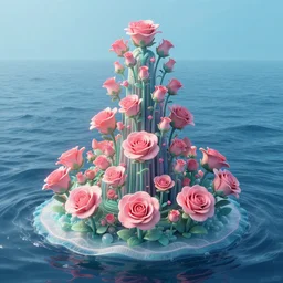 a beautiful insanely intricate bioremediation plant in the middle of the ocean, beautyfull tower with rosebuds, reflexions, colorfull, octane render, redshift, hdr, volumetric light, clouds, sunrays, trending on artstation, insanely detailed, masterpiece