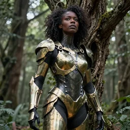 hyperrealistic post - maximalist cinematic super expressive! black woman with exoskeleton armor, merging with tree in a forest, highly detailed digital art masterpiece, smooth cam de leon eric zener dramatic pearlescent soft teal yellow light, ground angle hd 8 k, sharp focus