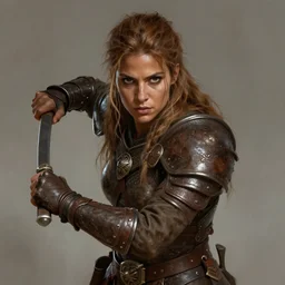 Female barbarian, heavy brown armor, beautiful, light brown messy hair, dark skin, brown eyes, detailed face, battle stance, high fantasy, extremely detailed, matte painting