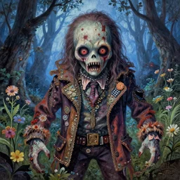 a pretty but sinister and creepy monster in layers of fear decoupage, with haunted eyes, wearing punk clothing, violence in his eyes, 1 9 7 0 s, seventies, delicate embellishments, a little blood, woodland, blue dawn light shining on wildflowers, painterly, offset printing technique, by brian froud and alan lee