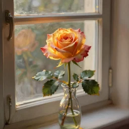 The rose is placed in a vase on a windowsill. The light from the window casts a warm, golden glow on the petals of the rose, making them appear illuminated. The colors in the painting are soft and muted, giving the overall impression of a tranquil scene. Trending on artstation, in the style of famous painter. “