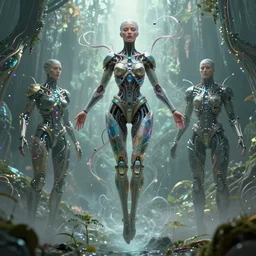 karol bak and tom bagshaw and lecouffe - deharme full body character portrait of the borg queen of sentient parasitic flowing ai, floating in a powerful zen state, supermodel, beautiful and ominous, wearing combination of mecha and bodysuit made of wires and fractal ceramic, machinery enveloping nature in the background, artstation charcter concept render