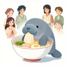 a manatee taking a bath in a ramen bowl, clean cel shaded vector art. shutterstock. behance hd by lois van baarle, artgerm, helen huang, by makoto shinkai and ilya kuvshinov, rossdraws, illustration