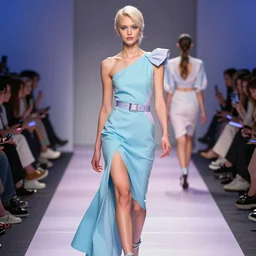 runway model with tracer from overwatch face on catwalk in blue dress designer clothes walking on catwalk photo  pastel dramatic lighting 80mm