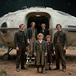 70mm still from a sci fi blockbuster movie, set in 1860, of a family leaving a spaceship, that has just landed on an alien planet, wearing 1850s era clothes, good lighting, 4k, HD, in focus, highly detailed faces