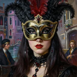 close up portrait of a punk goth girl wearing venetian carnival mask in a cyberpunk futuristic venezia carnival by ellen von unwerth, oil painting by canaletto hieronymus bosh leonardo da vinci piero della francesca botticelli