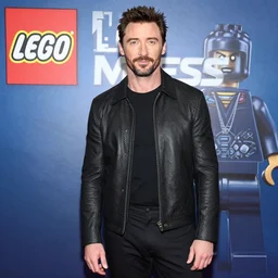 hugh jackman as the host of lego masters, fashion photo,
