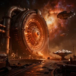 a warm colours, high contrast dark hyperreal steampunk deep space dock mining platform with massive piping inspired by nuclear reactor core maschinen krieger mri machine millennium falcon space-station Vuutun Palaa submarine, space-station Vuutun Palaa, ilm, beeple, star citizen halo, mass effect, starship troopers, elysium, the expanse, iron smelting pits, high tech industrial, dramatic nebula sky, volumetric lighting