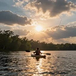 A person in a kayak on a lake with trees in the background, the sun and clouds in the sky, all within the outline of the state of Arkansas.