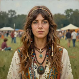an oil painting of a hippy woman at woodstock 1969, natural colours, character photography, Exquisite detail, post-processing, masterpiece