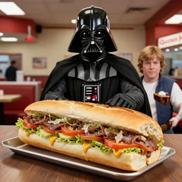 Darth Vader working at Quiznos making a 12 inch sub for Luke Skywalker