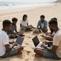group of black people working with macbook sitting on the beach sand, photorealism, ultra detailed, dynamic light
