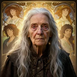 highly detailed portrait of a very old woman with long hairs, unreal engine, fantasy art by greg rutkowski, makoto shinkai and lois van baarle, ilya kuvshinov, rossdraws, tom bagshaw, alphonse mucha, global illumination, radiant light, detailed and intricate environment